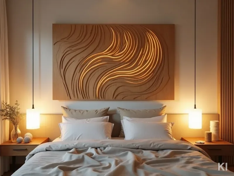 KI-generierte Wohnszene: Schlafzimmer mit organischem Wandbild im Lasercut-Stil