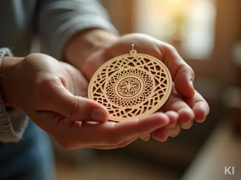 KI-generierte Nahaufnahme: Hände halten ein filigranes Holzornament im Lasercut-Stil