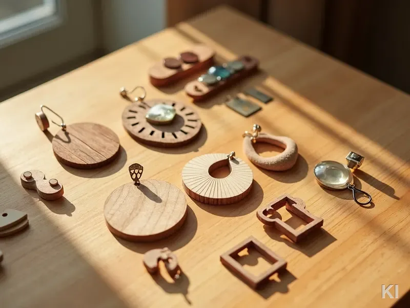 KI-generiertes Stillleben: Schmuck im Lasercut-Stil aus Holz, Acryl und Filz auf Eichentisch