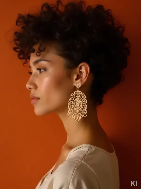 KI-generiertes Porträt: Frau im Profil mit Mandala-Ohrringen im Lasercut-Stil
